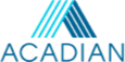 The image showcases the Acadian logo, a stylized uppercase "A" created by three diagonal lines in different shades of blue. The bold letters spelling "ACADIAN" are written in striking blue capital letters beneath this distinctive logo.