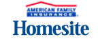 The image displays the Homesite Insurance logo. It features "Homesite" in bold blue capital letters, with a stylized house roof above. The roof has a red roofline and blue lines symbolizing the structure.