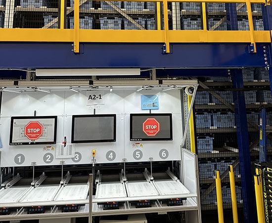 A warehouse automation system by Alert Innovation features a white control panel with six bins, each marked with a stop sign. Above the bins are two screens displaying stop signs. Behind the panel is a yellow and blue railing, with shelves of neatly stacked items in the background.