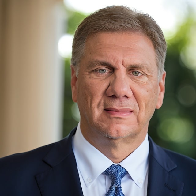 A man with short gray hair wearing a dark blue suit, white dress shirt, and blue patterned tie is looking directly at the camera with a neutral expression. The background of blurred greenery and part of a beige structure subtly reflects elements of culture.