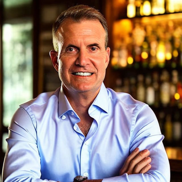 A man with short, light brown hair smiles while standing with arms crossed. He's wearing a light blue dress shirt and is in front of shelves filled with bottles in a warmly lit environment, reflecting the rich culture of a cozy bar or restaurant.