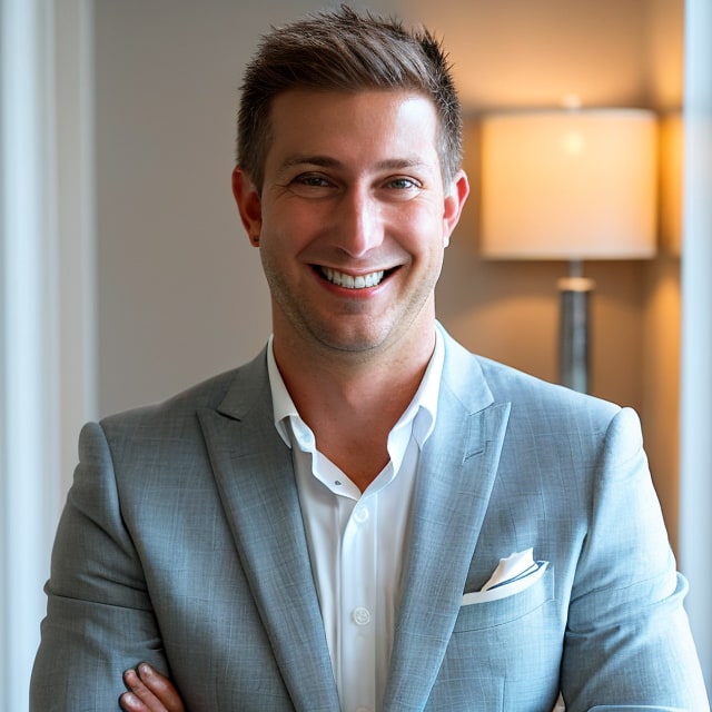 A man with short, light brown hair is smiling broadly while standing with his arms crossed. He is wearing a light gray suit jacket over a white shirt with an open collar. A pocket square is visible in his left breast pocket. A lamp and signs of different cultures are in the background.