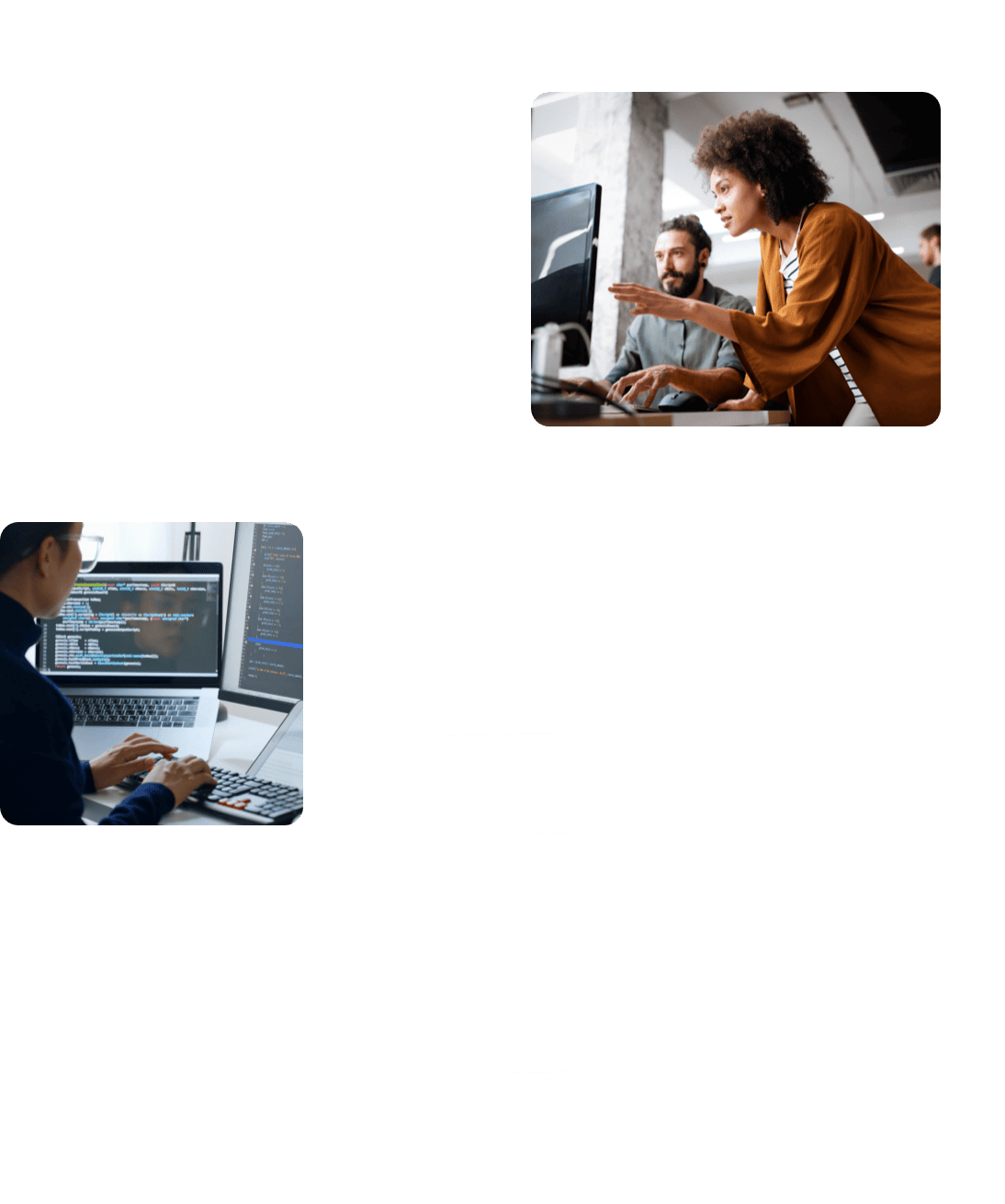 A graphic depicts two photographs connected by dotted lines and geometric shapes. The top right photo shows two individuals discussing by a computer. The bottom left photo shows a person typing code on a computer. The center features abstract layered shapes.