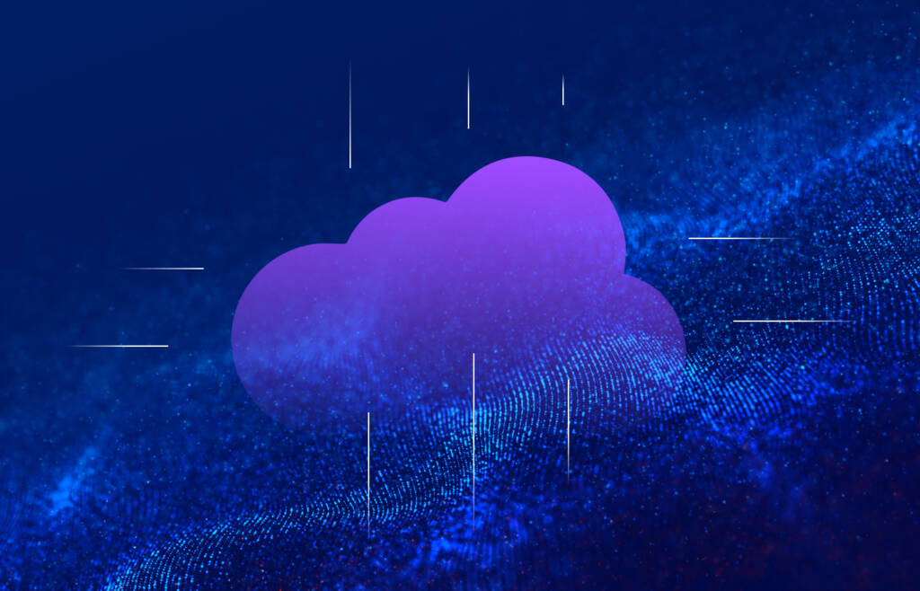 A digital illustration of a purple cloud at the center on a blue background. The cloud is surrounded by a network of bright particles and dotted lines, symbolizing data or connectivity. The overall theme suggests application modernization in the realm of cloud computing or technology.