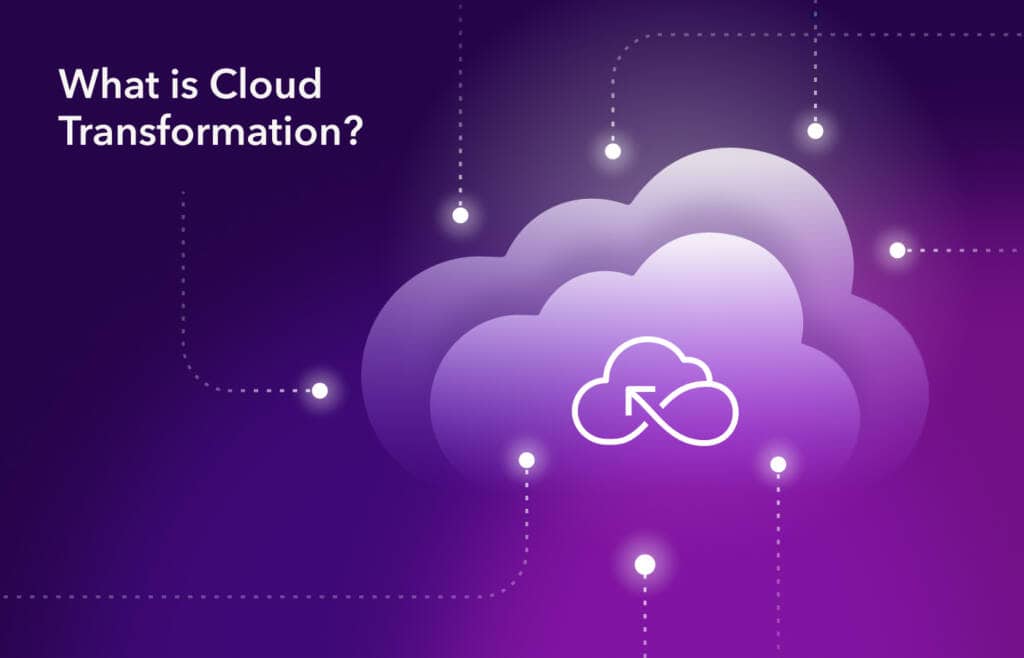 A purple graphic features a cloud symbol with an infinity loop inside, representing cloud transformation. The text "What is Cloud Transformation?" appears in the top left. The background showcases points of connected light, symbolizing data links and the endless possibilities of cloud transformation.