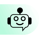 A simple illustration of a green robot head with two round eyes, a small antenna on top, and a smiling mouth, contained within a right-angled speech bubble. The background has a gradient from light green to white, symbolizing the friendly face of healthcare technologies.