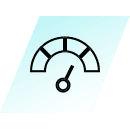 A black gauge icon with a needle pointing to the left middle segment, indicating a low to medium level. The background is a gradient of light blue to white, forming a tilted square shape—a modern design often employed in healthcare technologies.