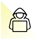 A simple line drawing icon of a person wearing a hood and using a laptop, symbolizing technologies. The figure is depicted in black on a white background with a light yellow triangular gradient in the corner.