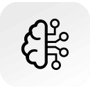 A simple icon depicting a brain on the left side with three lines extending from the right side, each ending in a circle, symbolizing the concept of artificial intelligence or neural networks. The background is a light gradient, representing advancements in healthcare technologies.