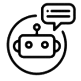 Simple robot face icon with speech bubble containing text, representing agentic AI in information retrieval; black and white design.