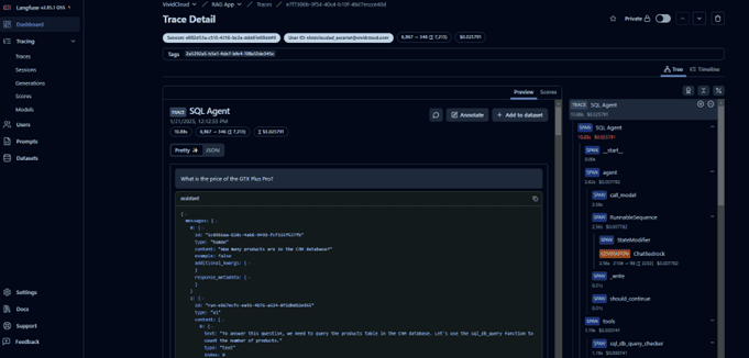 A dark-themed interface displays SQL code and a JSON error message, providing insights into information retrieval on the Trace Detail page.