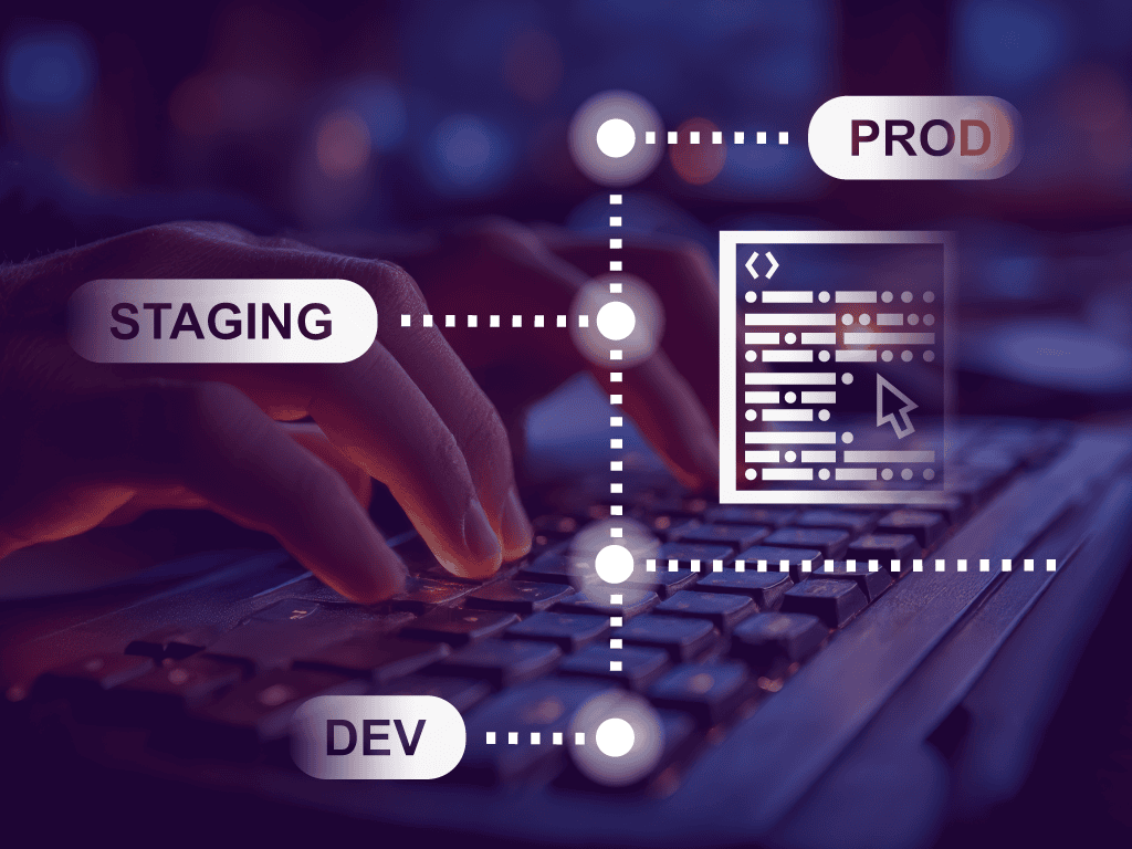 Hands on keyboard with DEV, STAGING, and PROD labels highlight branch-based deployment to minimize release bottlenecks in software deployment stages.