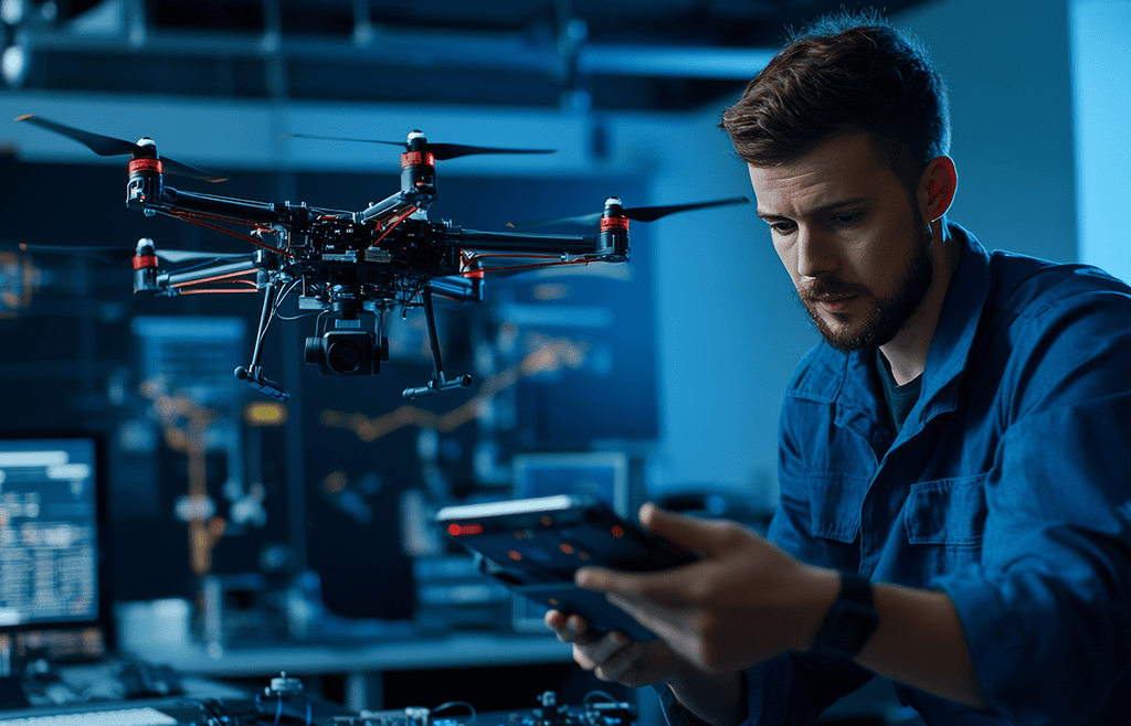 Man operating a drone with a tablet in a high-tech lab, showcasing cloud integration with computers and equipment in the background.