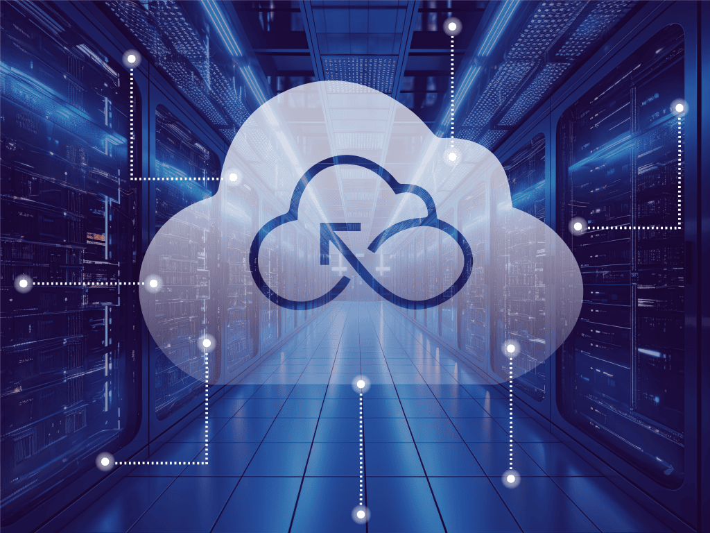 Large cloud icon with digital connections over servers in a data center, highlighting the business benefits and velocity of cloud computing.
