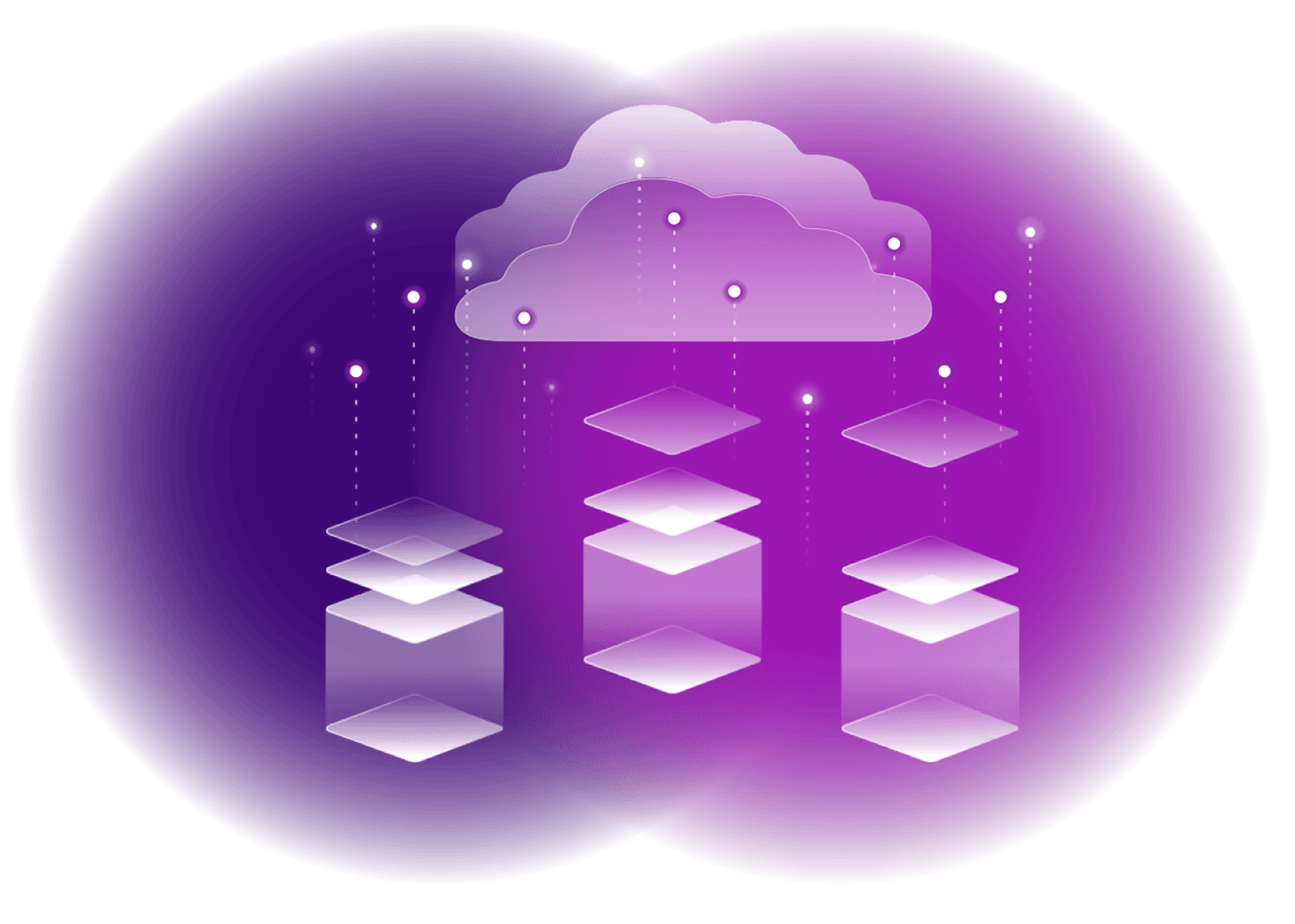 A purple cloud above floating translucent cubes and layers, symbolizing ArcGIS Enterprise cloud computing and data storage.