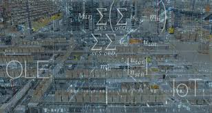 A warehouse with shelves and mathematical equations and IoT text superimposed over the image.