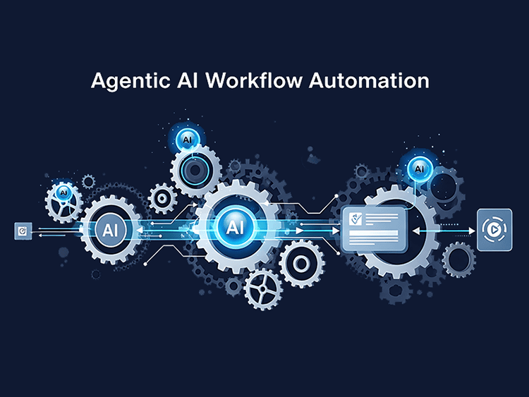 Illustration of gears labeled "AI" connected in a network, representing insurance modernization and workflow automation with Agentic AI.