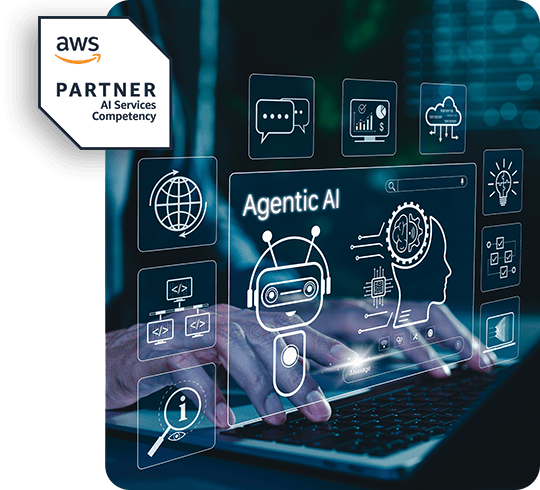 Hands typing on a laptop with AI and technology icons overlaid; AWS Partner badge in the corner.